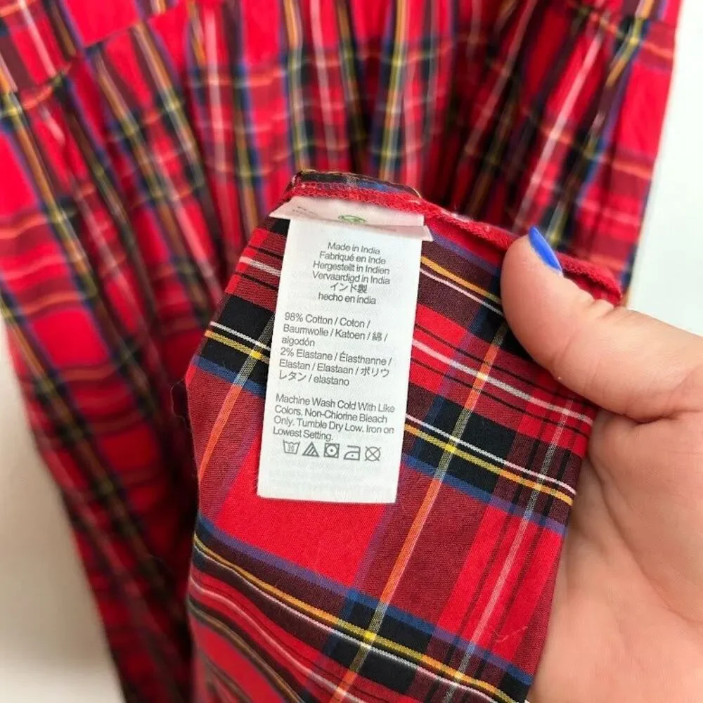 J. Crew Stewart Tartan Plaid Midi Dress 14 Red Puff Sleeve Cotton Blend Holiday